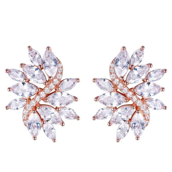 Rose Gold with White Diamond Cubic Zirconia Floral Leaf Post Back Stud Earrings - Picture 1 of 5